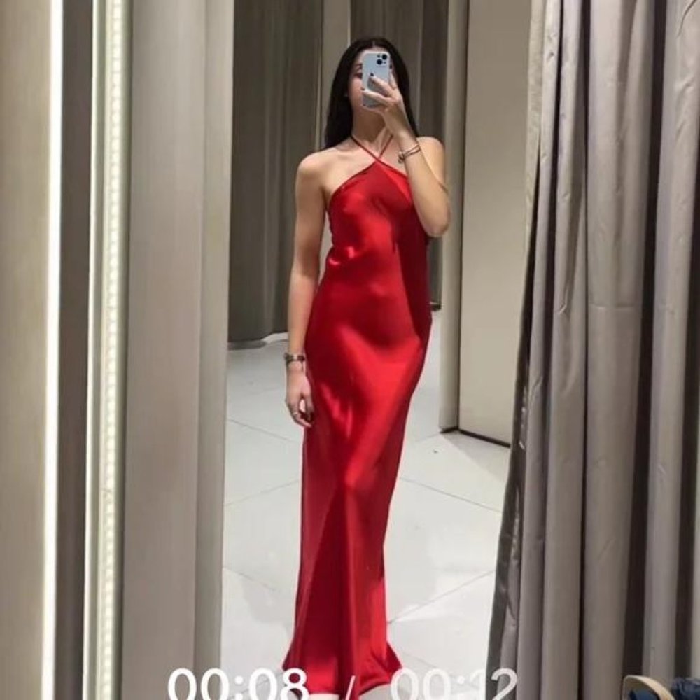 ZARA SATIN EFFECT HALTER MIDI DRESS
